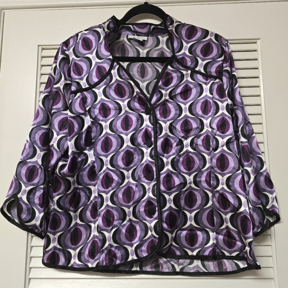Dress Barn - Retro Faux Satin Lightweight Button Top With Shoulder Pads